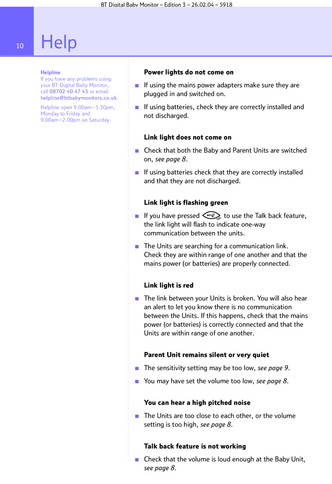 BT Digital Baby Monitor manual Help, Link light is red 