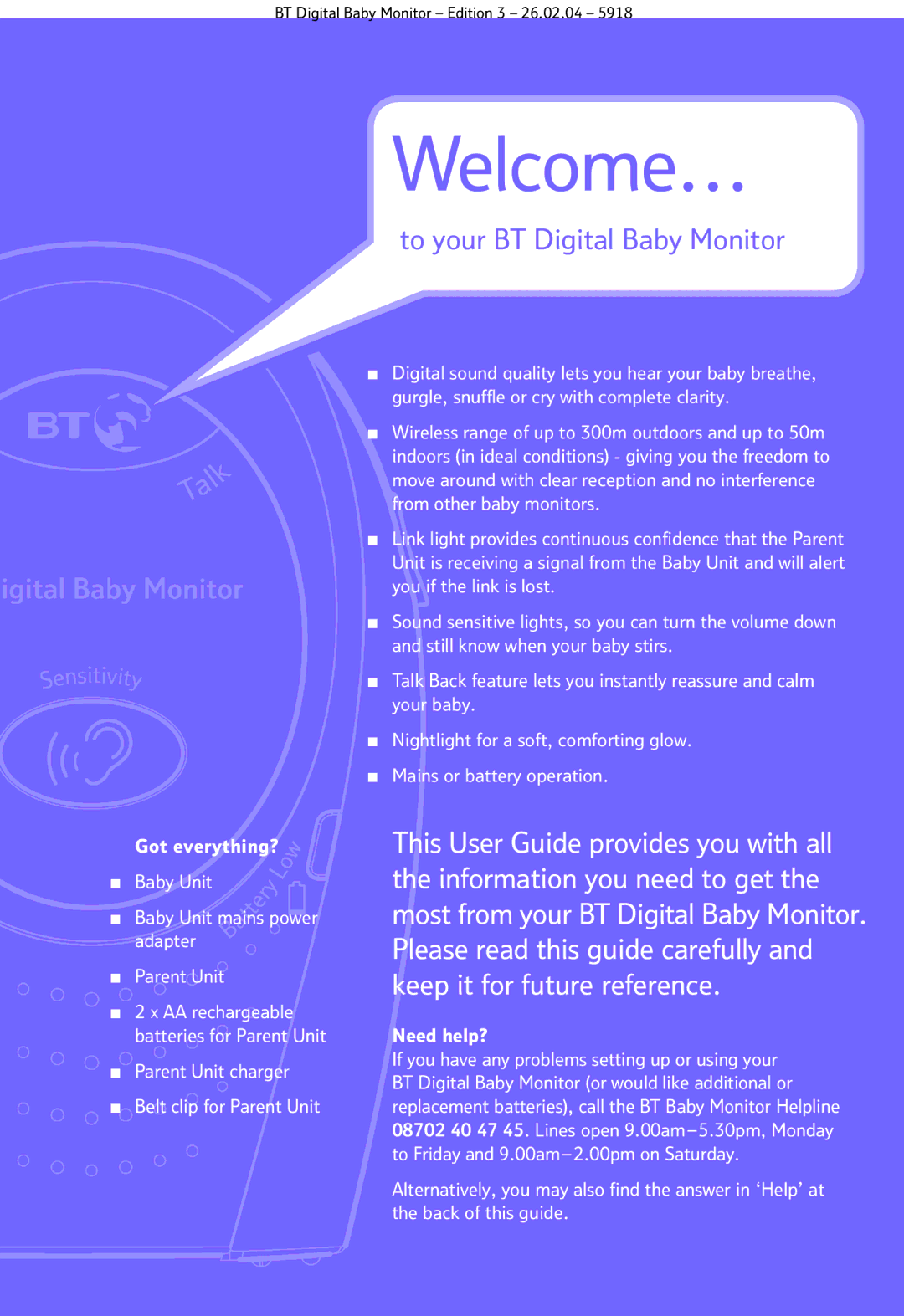 BT manual Welcome…, To your BT Digital Baby Monitor 