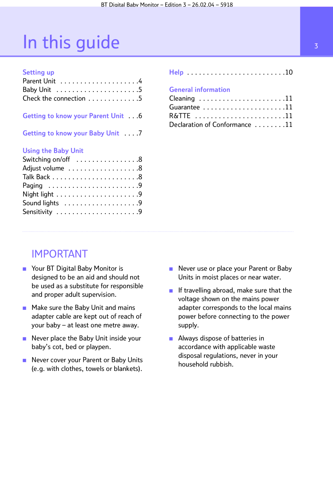 BT Digital Baby Monitor manual This guide, Cleaning Guarantee TTE Declaration of Conformance 