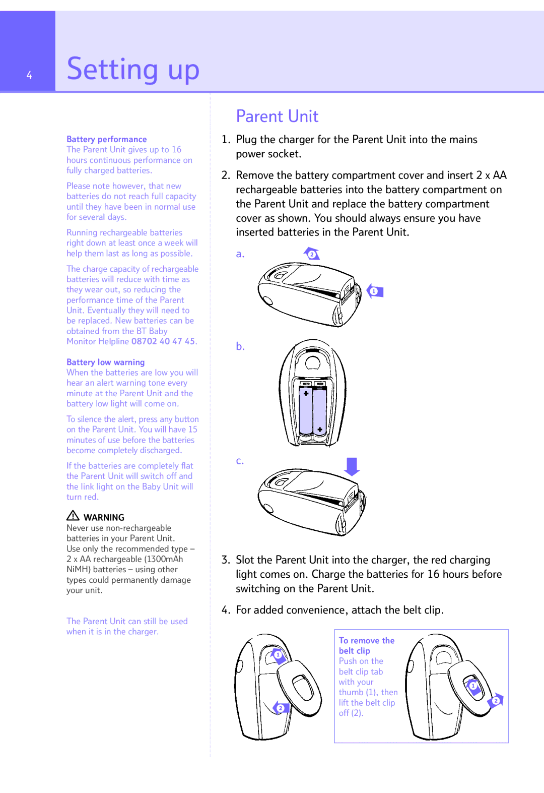 BT Digital Baby Monitor manual Setting up, Parent Unit, Battery performance, Battery low warning, To remove Belt clip 