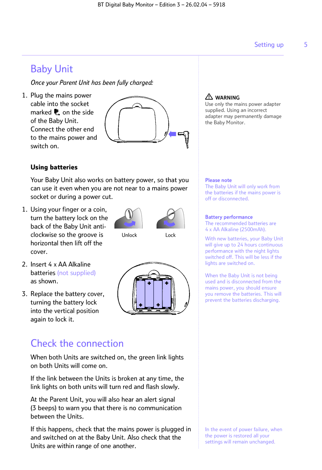 BT Digital Baby Monitor manual Baby Unit, Check the connection, Clockwise so the groove is, Horizontal then lift off Cover 