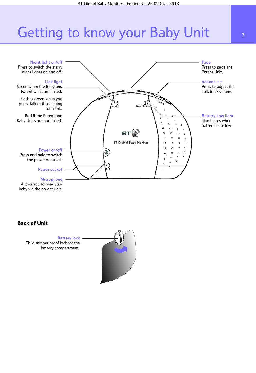 BT Digital Baby Monitor manual Getting to know your Baby Unit, Back of Unit, Night light on/off, Link light Volume + 