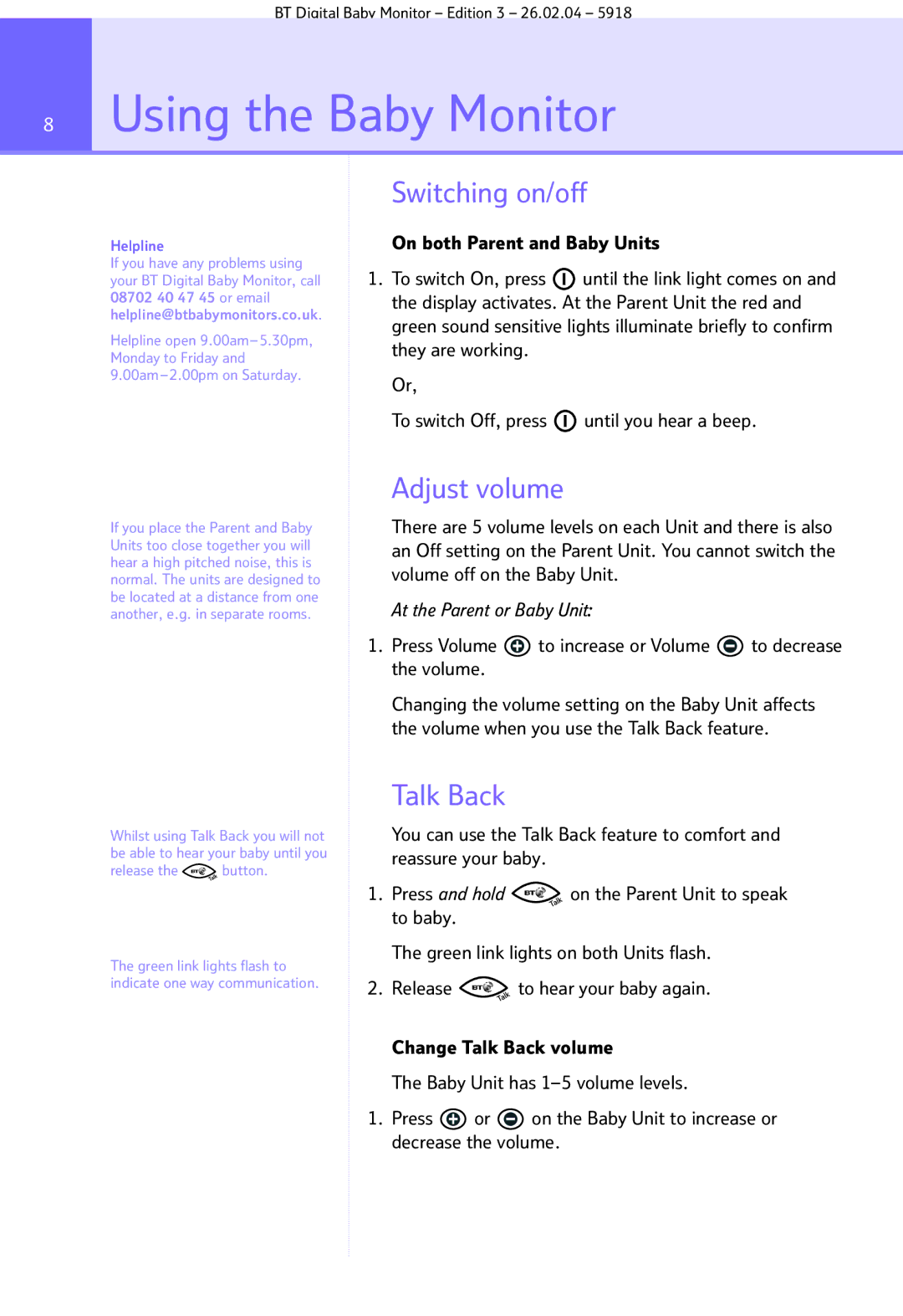 BT Digital Baby Monitor manual Using the Baby Monitor, Switching on/off, Adjust volume, Talk Back 