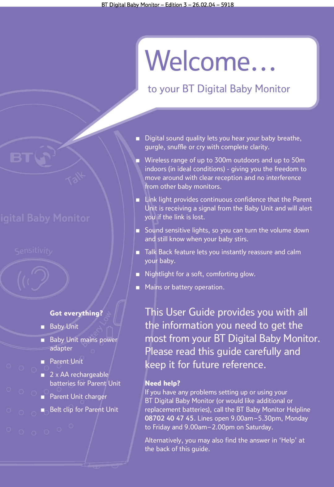 BT manual to your BT Digital Baby Monitor, Welcome… 