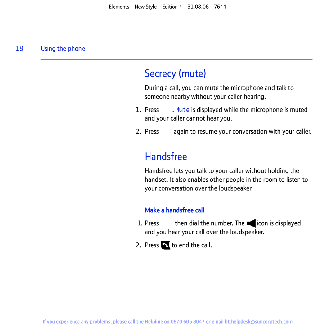 BT Digital Cordless Telephone manual Secrecy mute, Handsfree, Make a handsfree call 