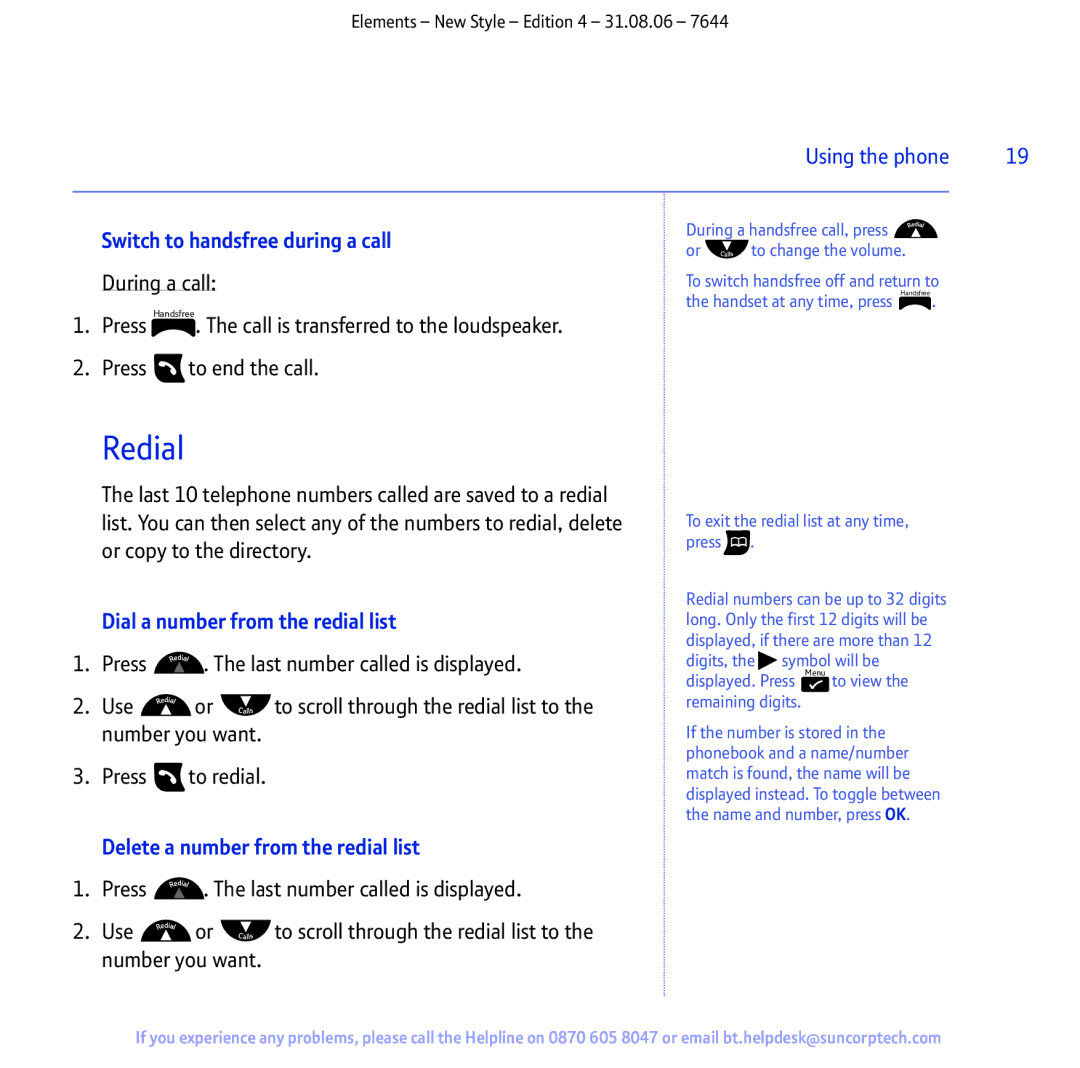 BT Digital Cordless Telephone manual Redial, Switch to handsfree during a call, Dial a number from the redial list 