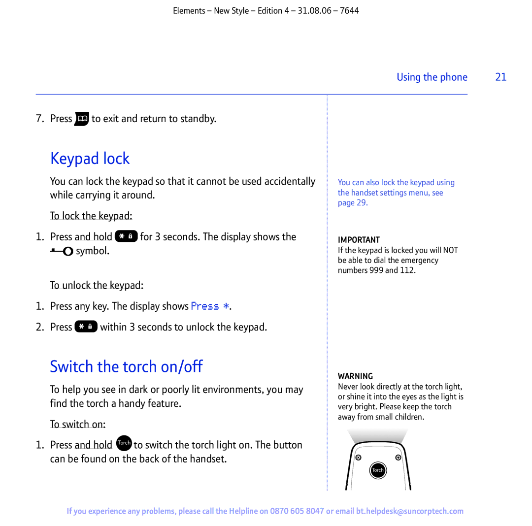 BT Digital Cordless Telephone manual Keypad lock, Switch the torch on/off 