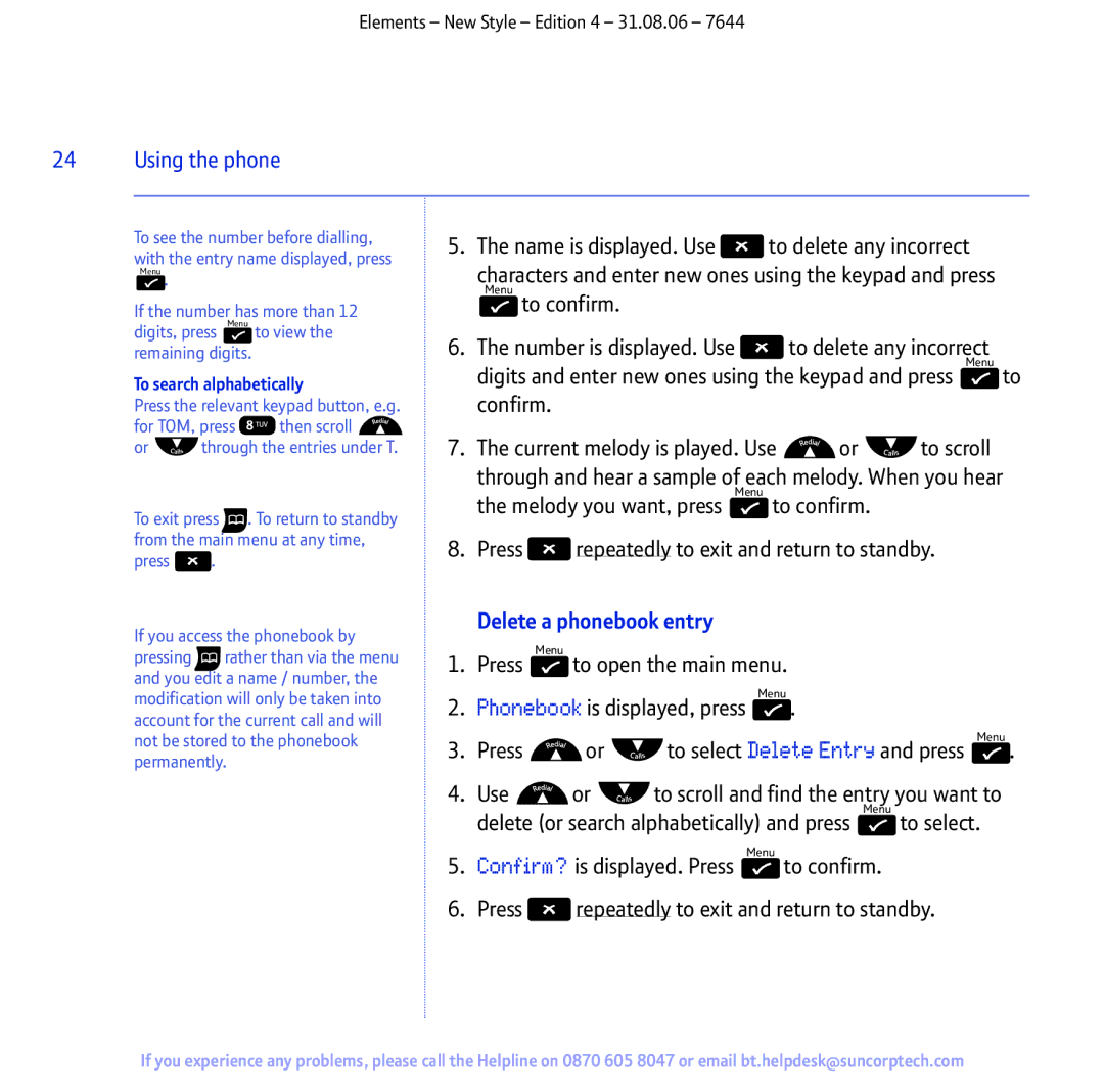 BT Digital Cordless Telephone manual Delete a phonebook entry 