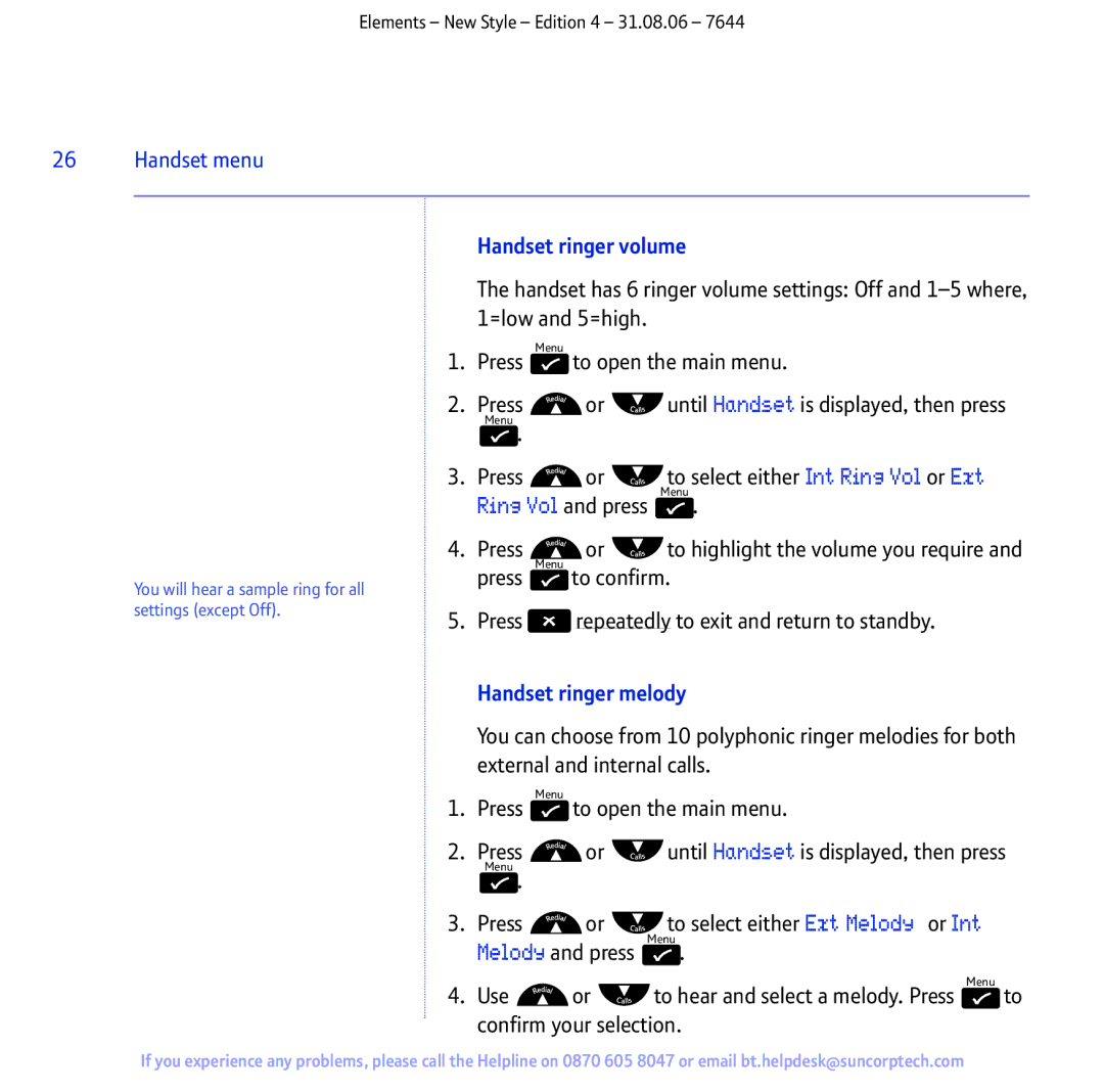 BT Digital Cordless Telephone manual Handset ringer volume, Handset ringer melody 