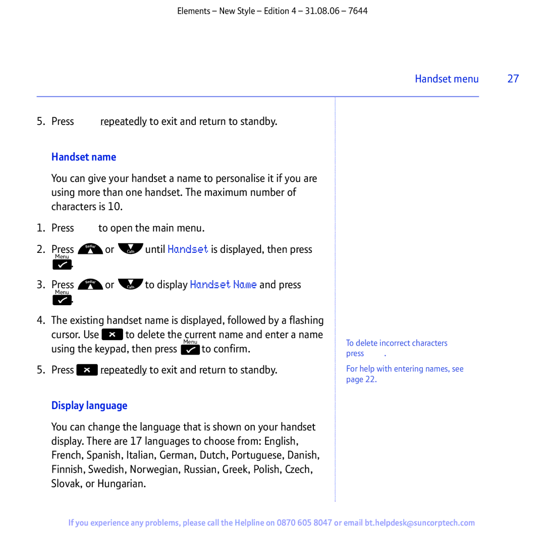 BT Digital Cordless Telephone manual Handset name, Press or to display Handset Name and press, Display language 