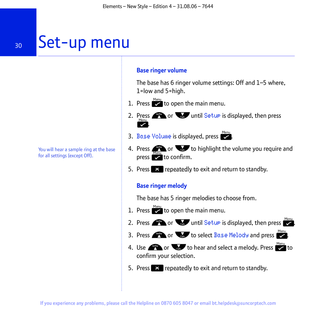 BT Digital Cordless Telephone manual Set-up menu, Base ringer volume, Base ringer melody 