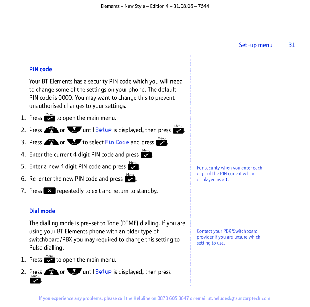 BT Digital Cordless Telephone manual PIN code, Dial mode 