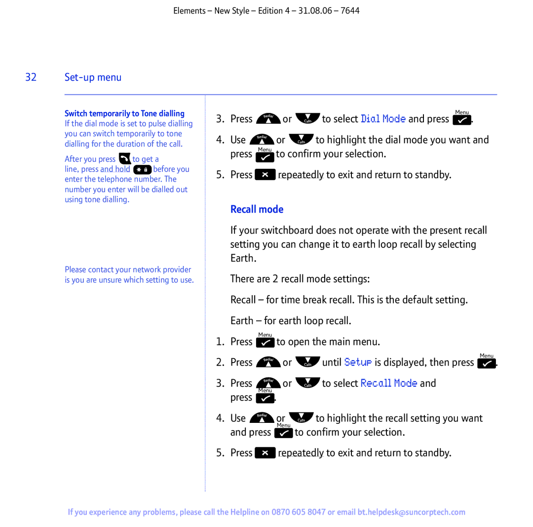 BT Digital Cordless Telephone manual Press, Recall mode 