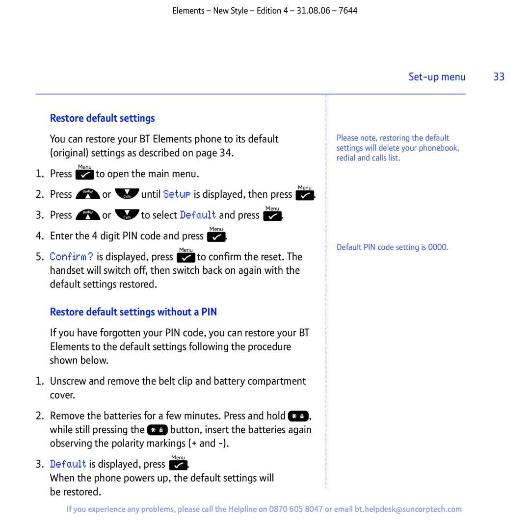 BT Digital Cordless Telephone manual Restore default settings without a PIN 