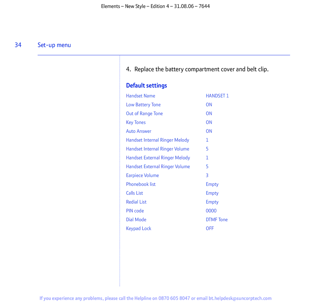 BT Digital Cordless Telephone manual Replace the battery compartment cover and belt clip, Default settings 