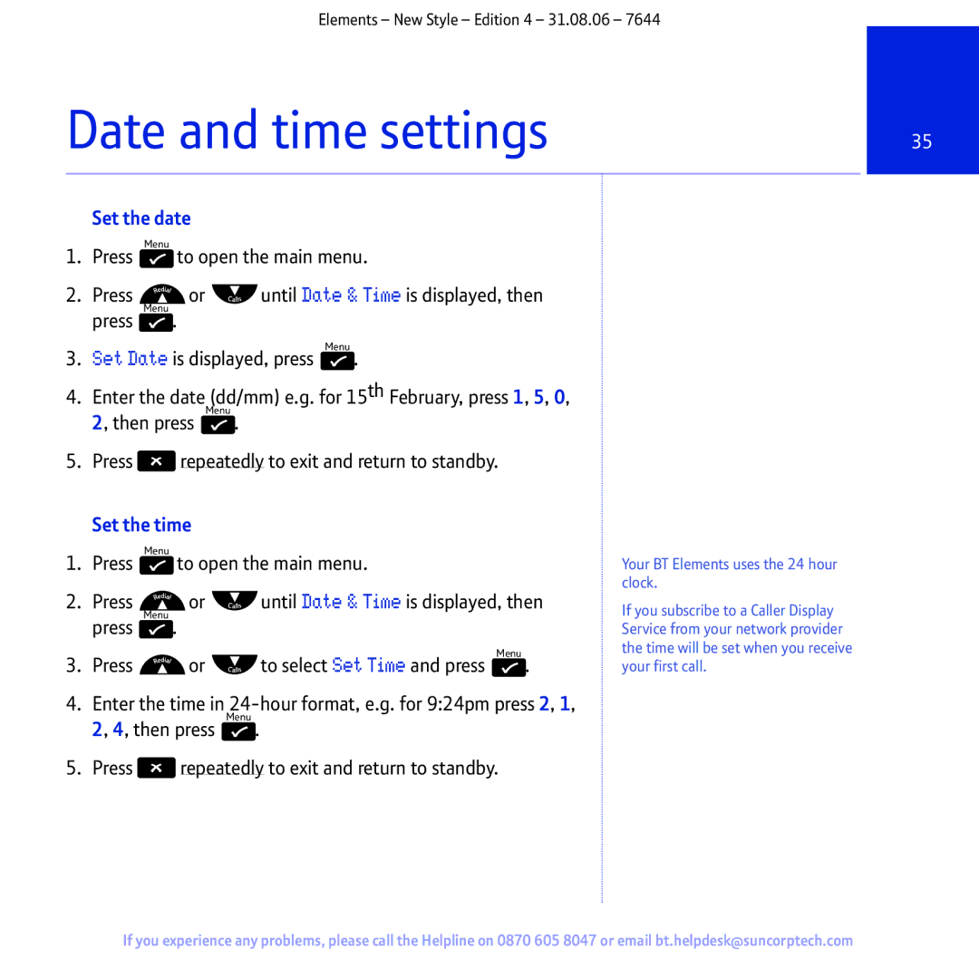 BT Digital Cordless Telephone manual Date and time settings, Set the date, Set the time 