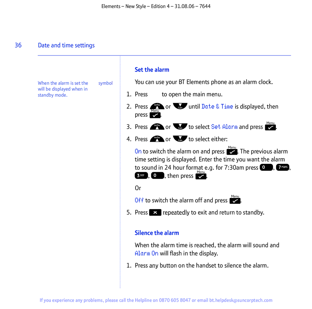 BT Digital Cordless Telephone manual Set the alarm, Press or to select either, Silence the alarm 