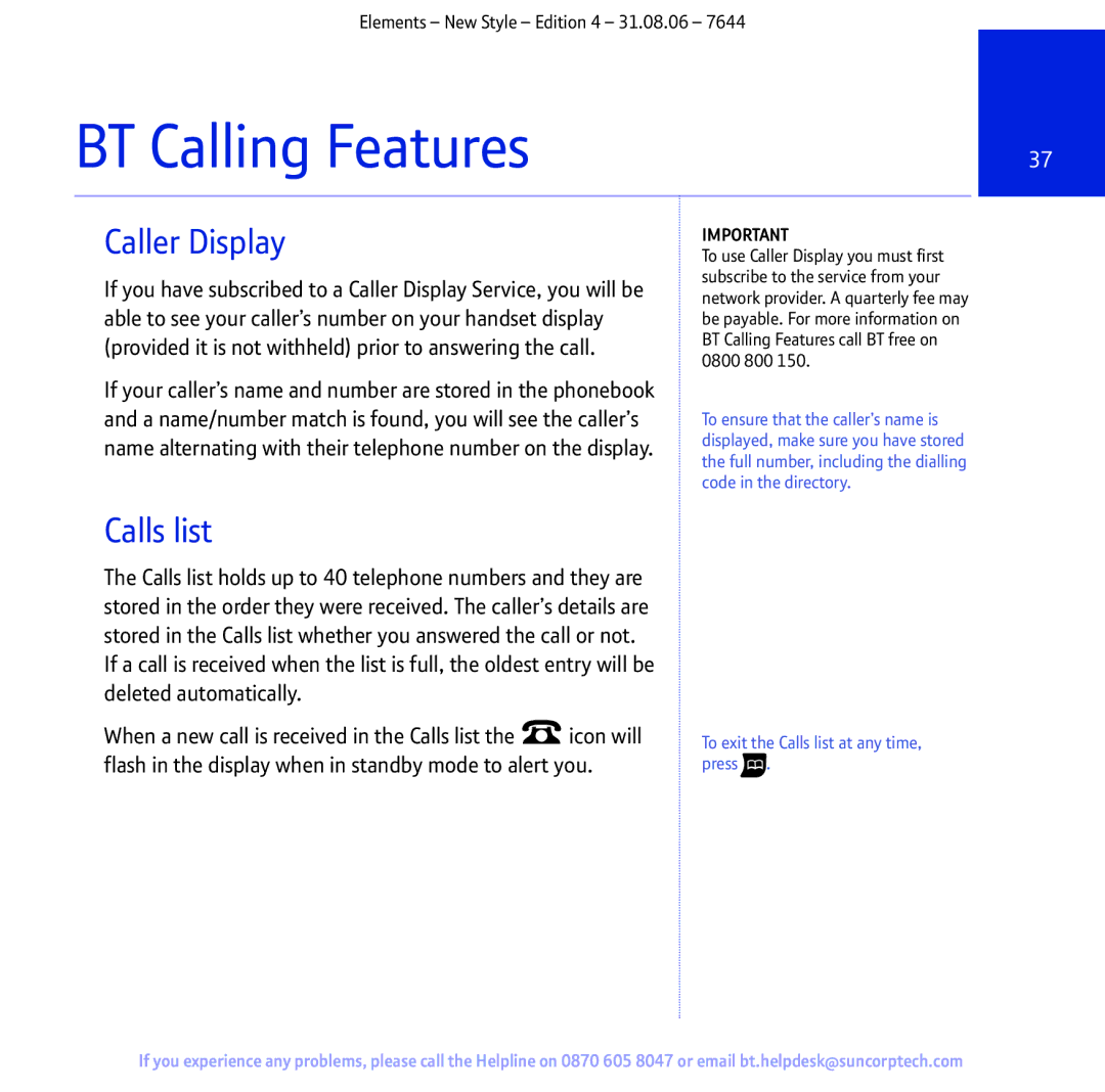 BT Digital Cordless Telephone manual BT Calling Features, Caller Display, Calls list 