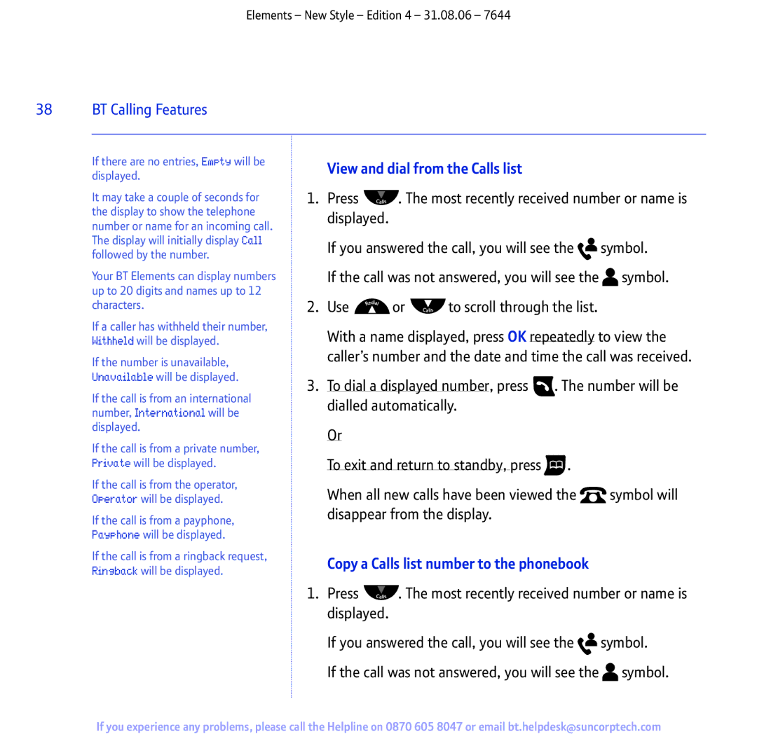 BT Digital Cordless Telephone manual BT Calling Features, Copy a Calls list number to the phonebook 