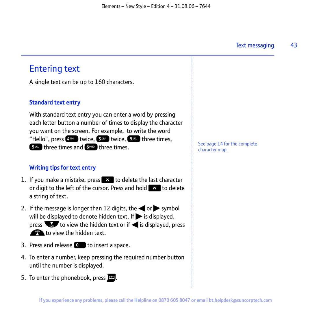 BT Digital Cordless Telephone manual Entering text, Single text can be up to 160 characters, Standard text entry 