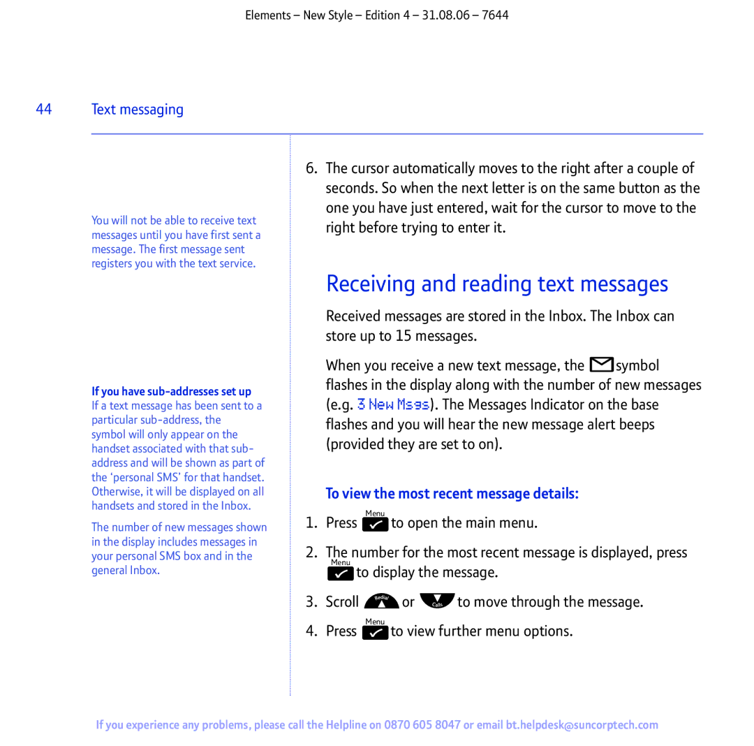 BT Digital Cordless Telephone manual Receiving and reading text messages, To view the most recent message details 