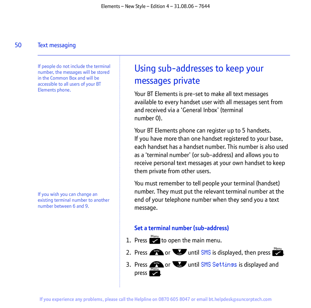 BT Digital Cordless Telephone manual Using sub-addresses to keep your messages private, Set a terminal number sub-address 