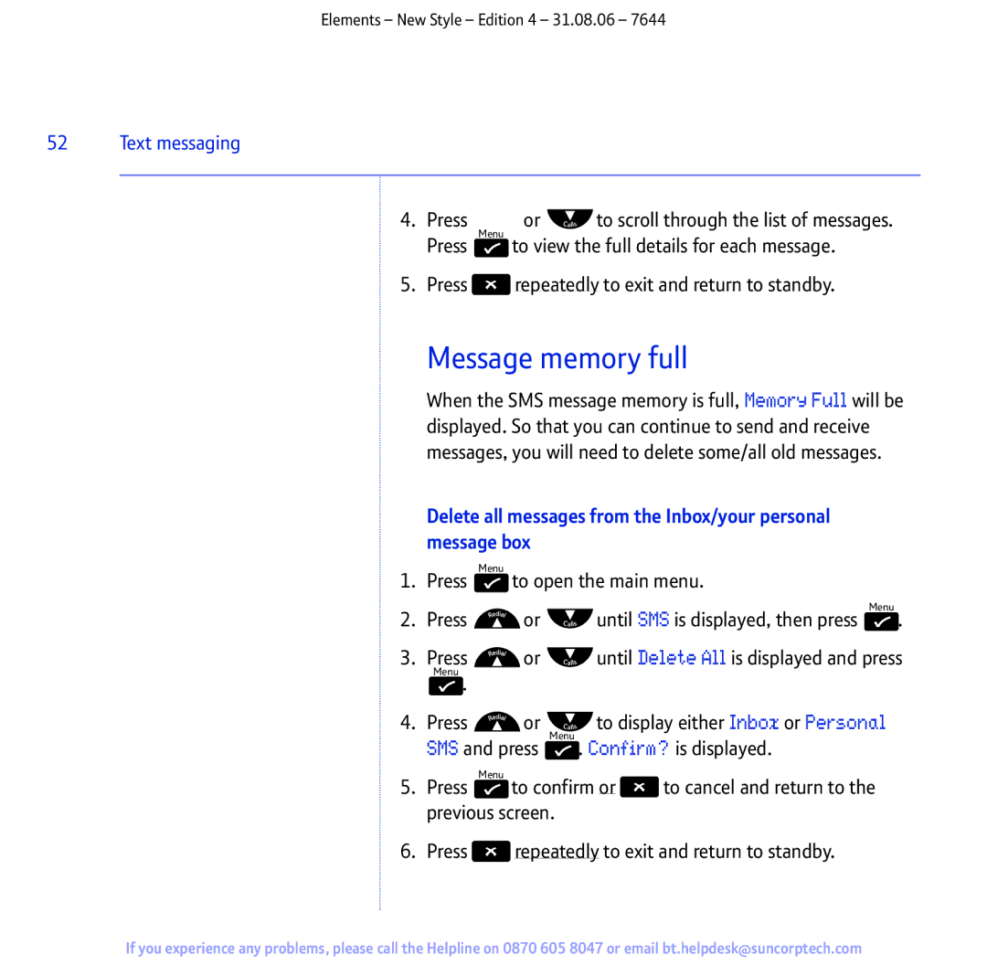 BT Digital Cordless Telephone manual Message memory full, Press Press Menu 