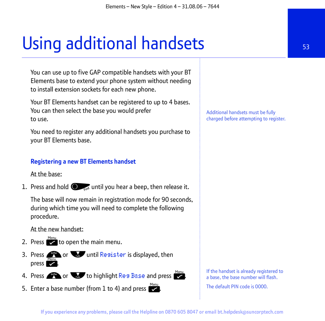 BT Digital Cordless Telephone manual Using additional handsets, Registering a new BT Elements handset 