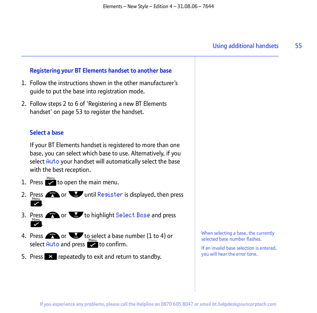 BT Digital Cordless Telephone manual Registering your BT Elements handset to another base, Select a base 