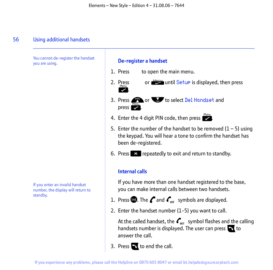 BT Digital Cordless Telephone manual De-register a handset, Internal calls 