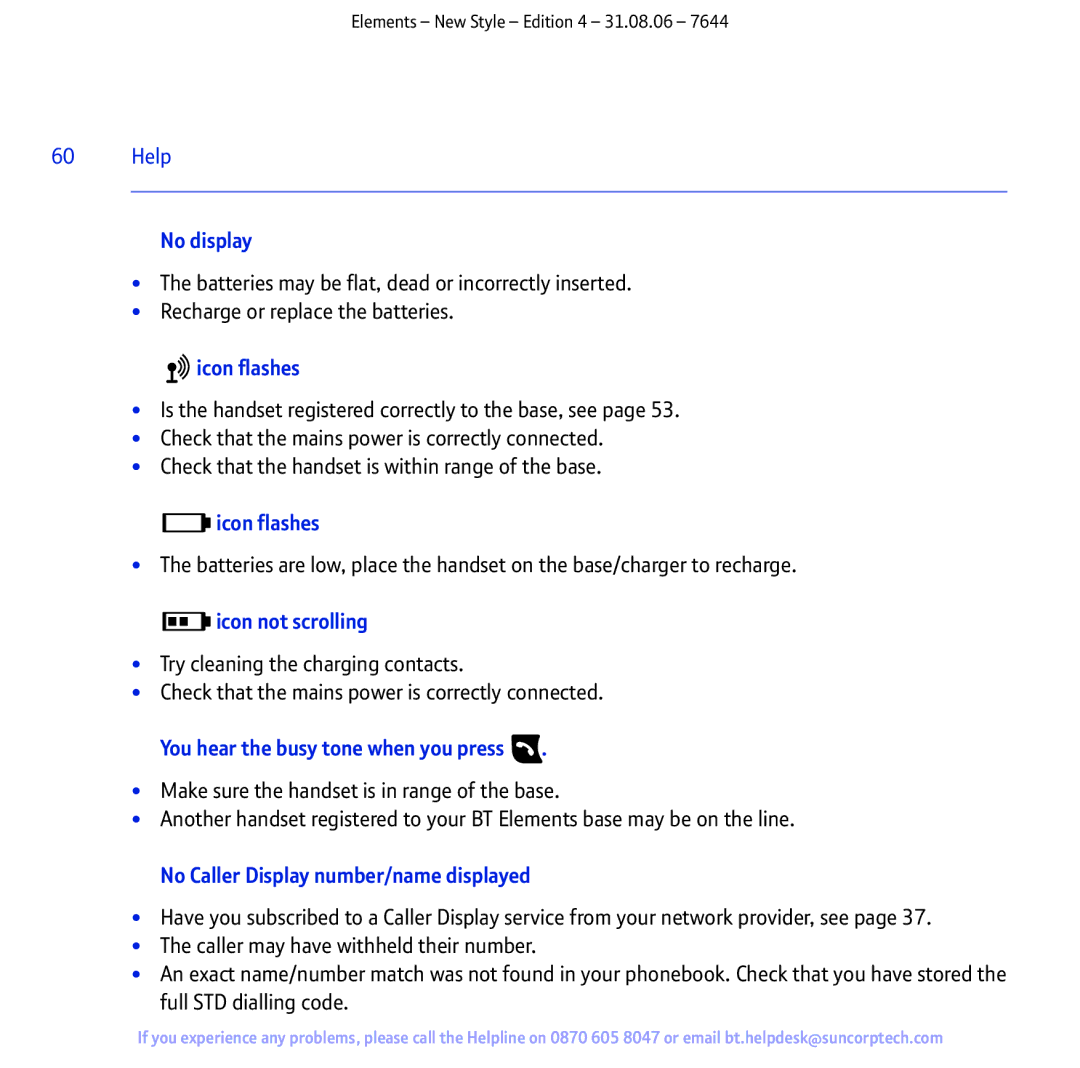 BT Digital Cordless Telephone manual No display, Icon flashes, Icon not scrolling, You hear the busy tone when you press 