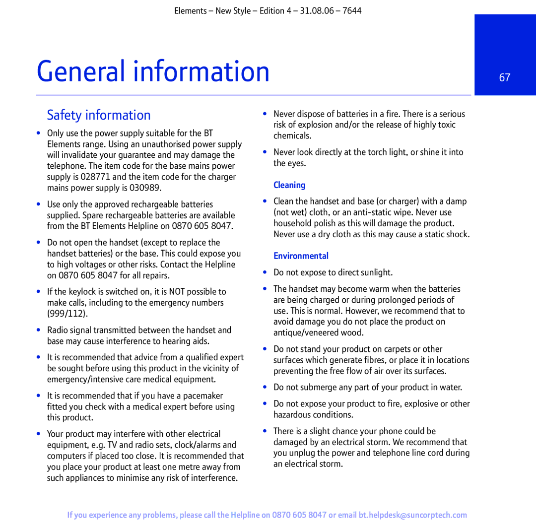 BT Digital Cordless Telephone manual General information, Safety information 