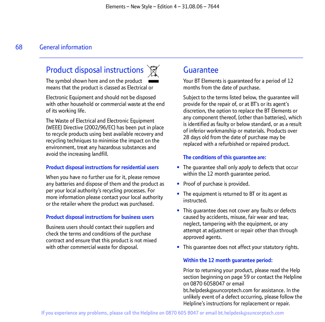 BT Digital Cordless Telephone manual Product disposal instructions 