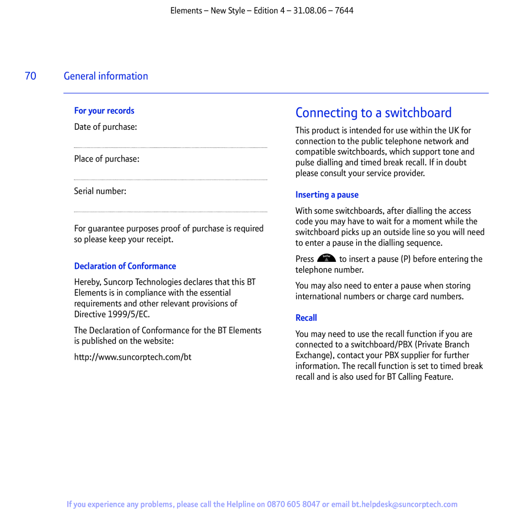 BT Digital Cordless Telephone manual Connecting to a switchboard 