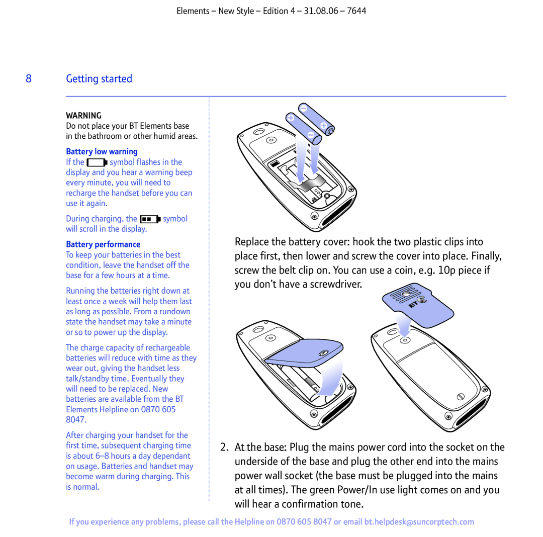 BT Digital Cordless Telephone manual Battery low warning, Battery performance 