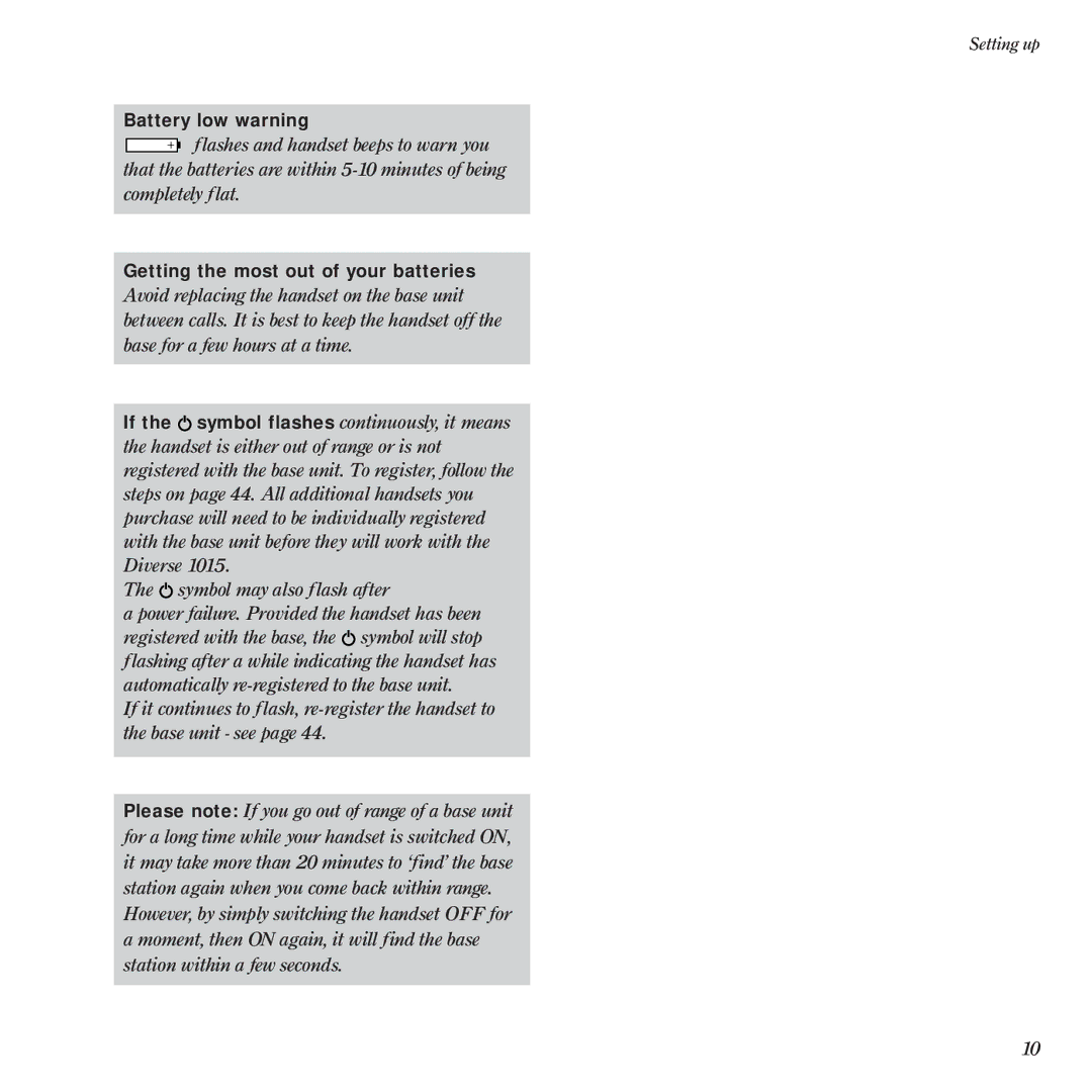BT Diverse 1015 manual Battery low warning, Getting the most out of your batteries 