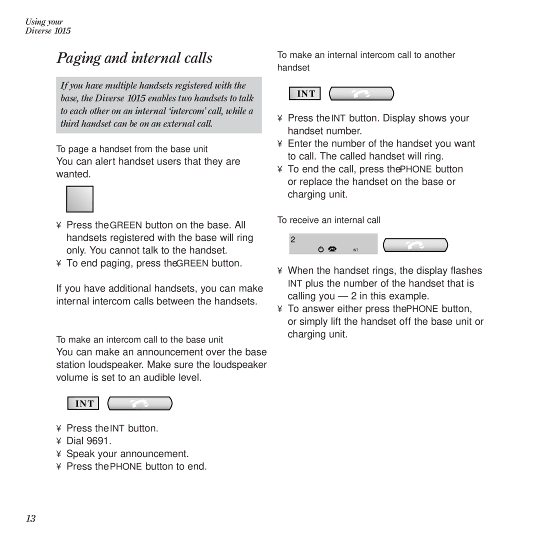 BT Diverse 1015 Paging and internal calls, To page a handset from the base unit, To make an intercom call to the base unit 