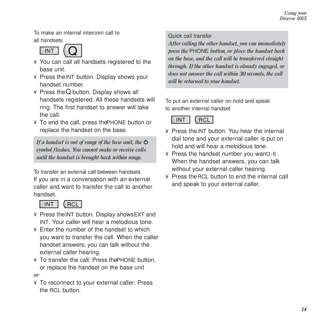 BT Diverse 1015 manual To make an internal intercom call to all handsets, To transfer an external call between handsets 