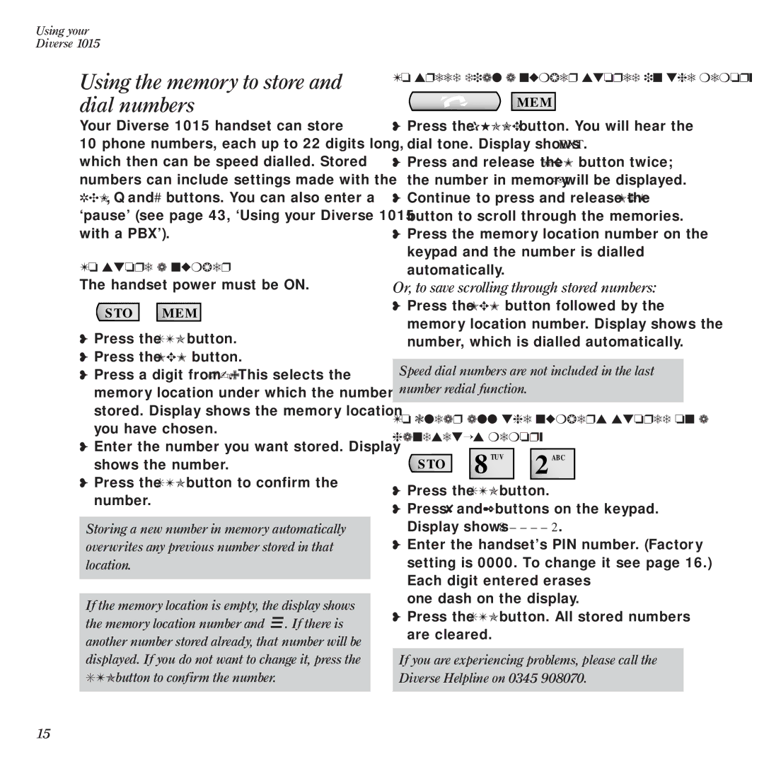 BT Diverse 1015 manual Using the memory to store and dial numbers, Or, to save scrolling through stored numbers 