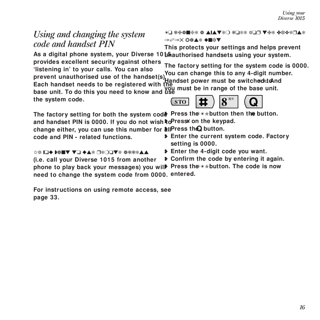 BT Diverse 1015 manual Using and changing the system code and handset PIN, If you want to use remote access 