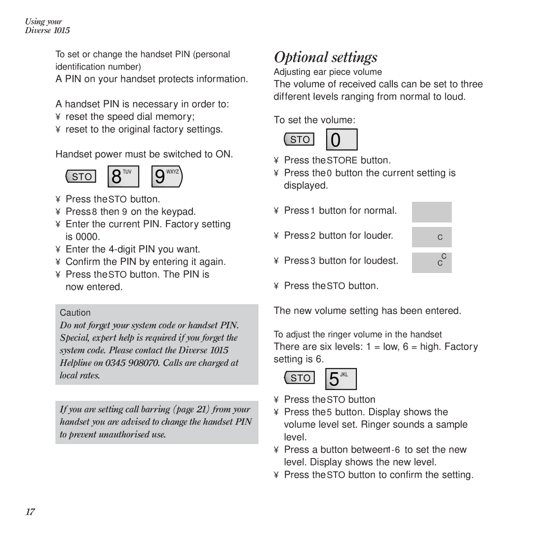 BT Diverse 1015 manual Optional settings, Adjusting ear piece volume, To adjust the ringer volume in the handset 