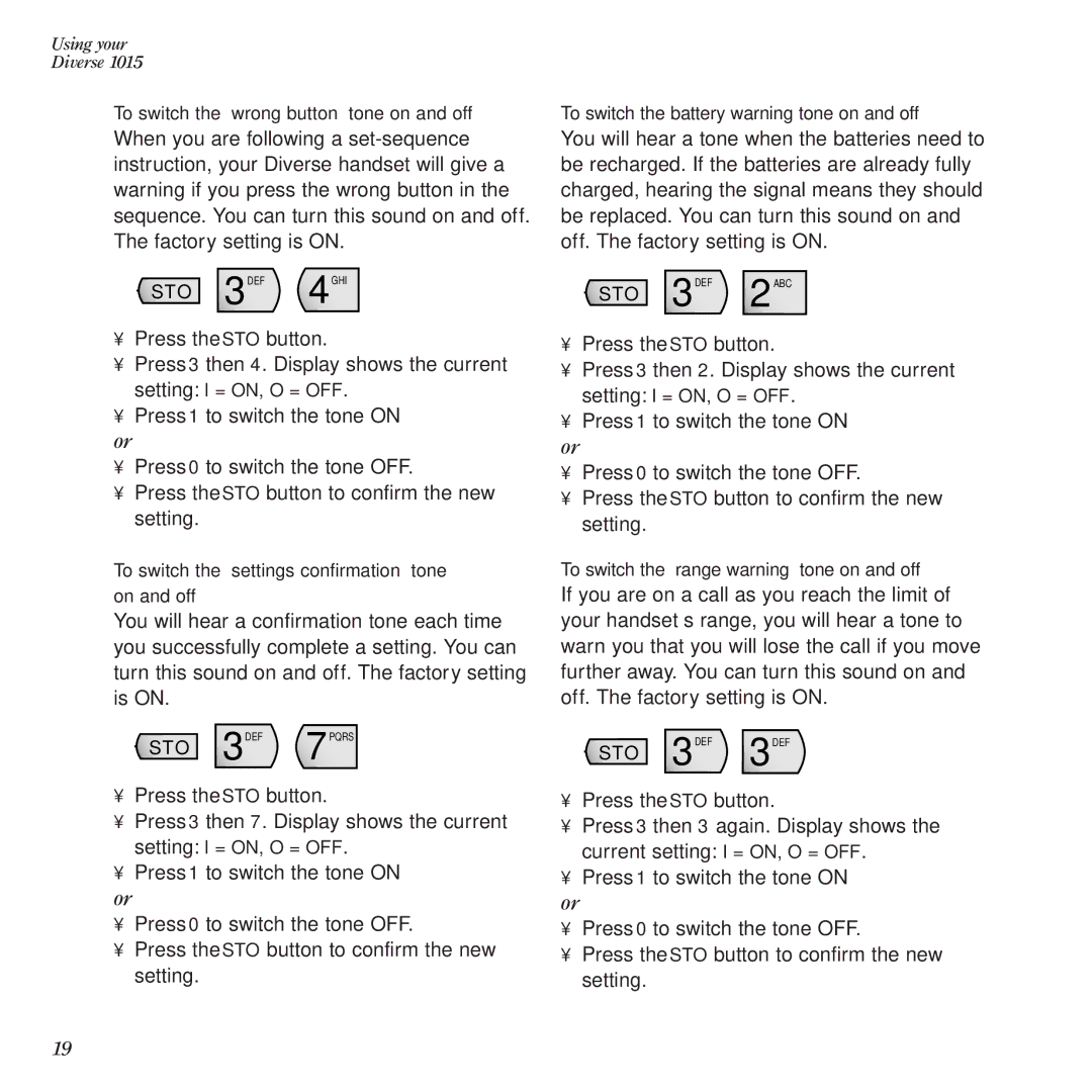 BT Diverse 1015 manual To switch the ‘wrong button’ tone on and off, To switch the battery warning tone on and off 