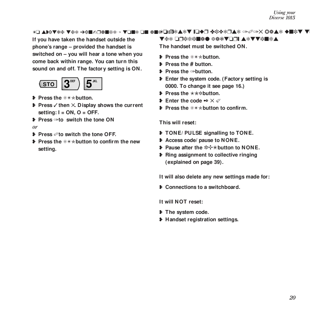 BT Diverse 1015 manual To switch the ‘in-range’ tone on and off 