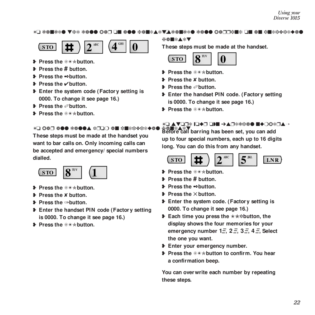 BT Diverse 1015 manual To cancel the call bar on all handsets, To bar all calls from an individual handset 