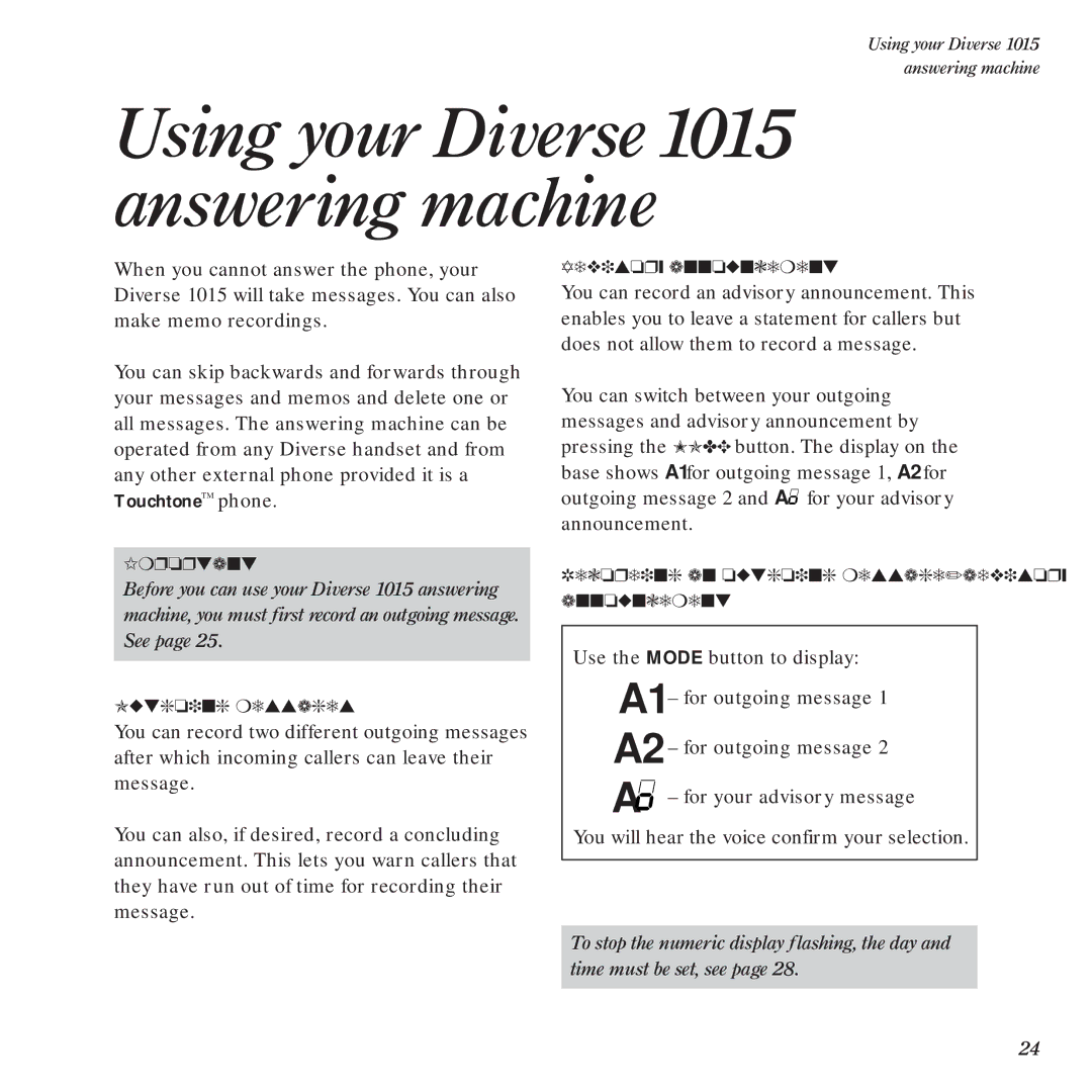 BT Diverse 1015 manual Using your Diverse1015 answering machine, Outgoing messages, Advisory announcement 