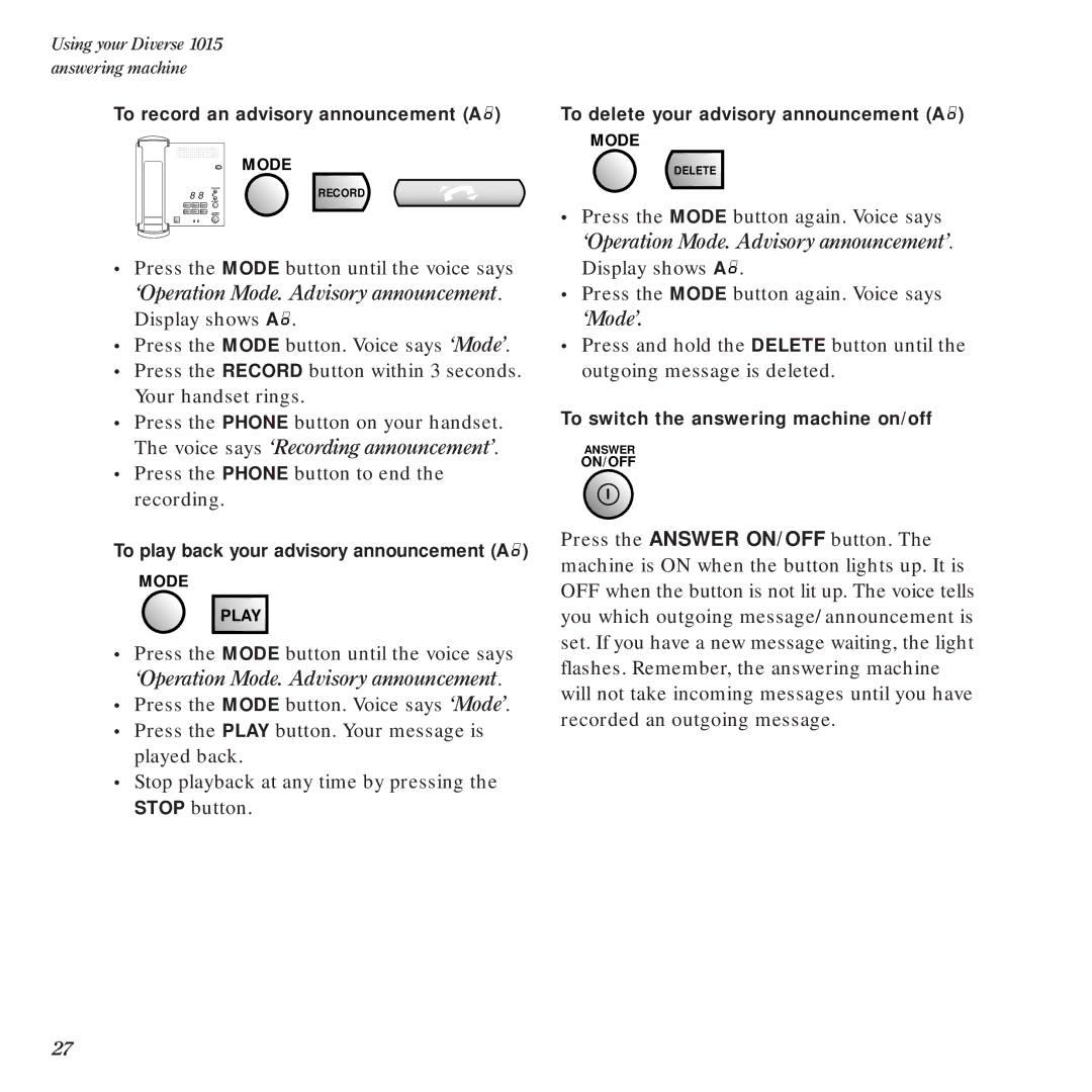 BT Diverse 1015 manual To record an advisory announcement a, To play back your advisory announcement a 