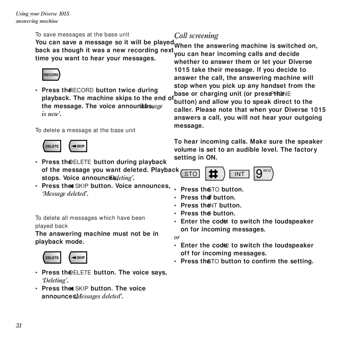 BT Diverse 1015 manual To save messages at the base unit, To delete a message at the base unit 