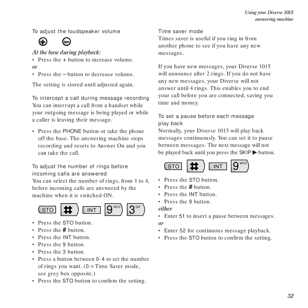 BT Diverse 1015 manual At the base during playback, Either, Enter 51 to insert a pause between messages 