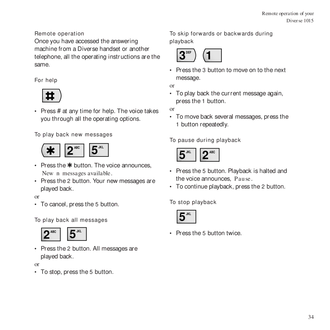 BT Diverse 1015 Remote operation, For help, To play back new messages, To play back all messages, To pause during playback 