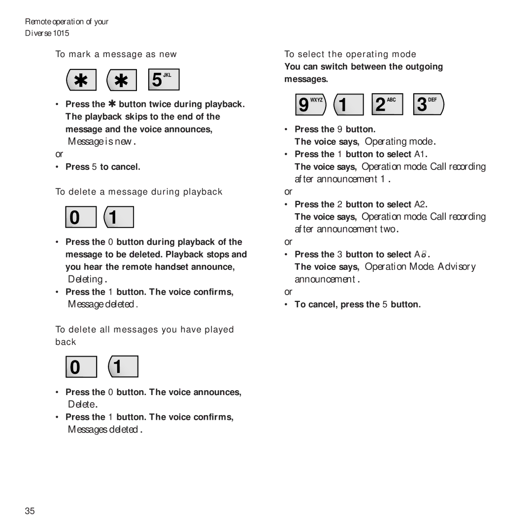 BT Diverse 1015 manual Voice says, ÔOperation Mode. Advisory announcementÕ, To mark a message as new 